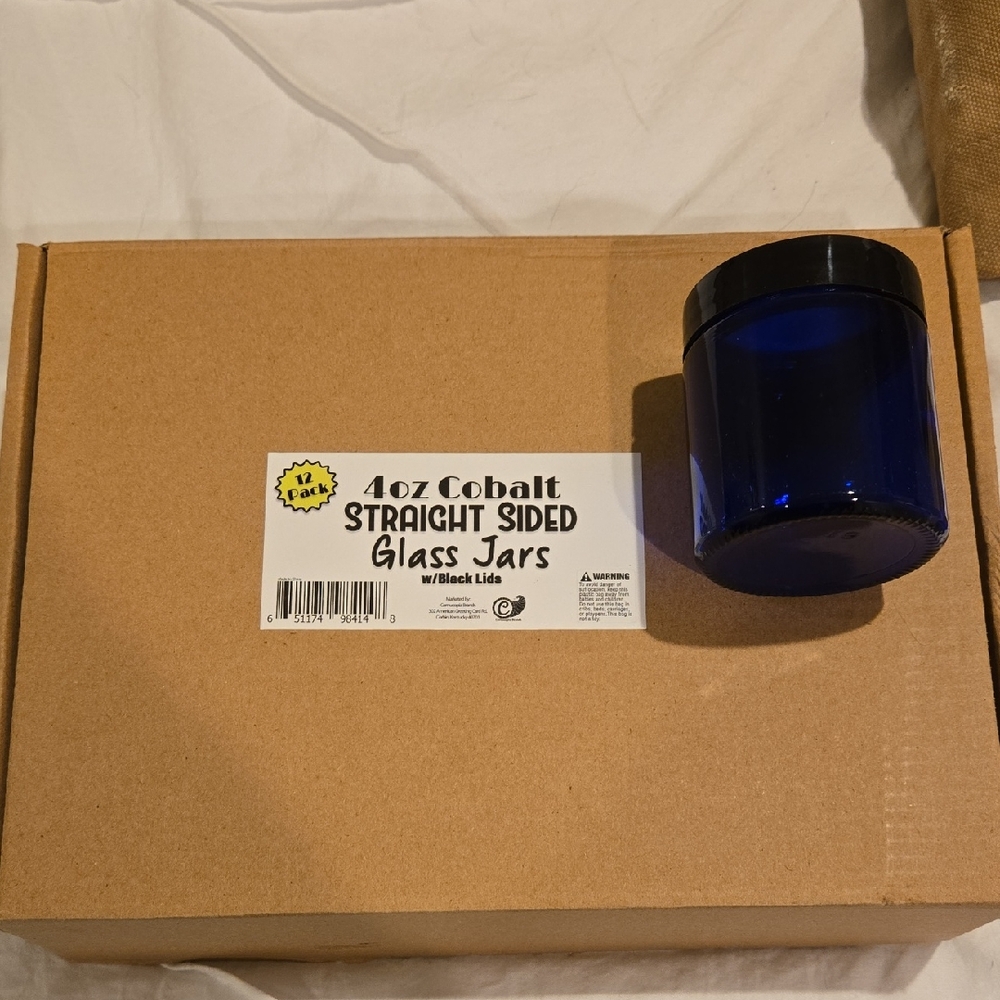 (13) 4oz Cobalt Blue Glass Jars with Black Lid Unused